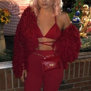 Red shaggy cropped cardigan